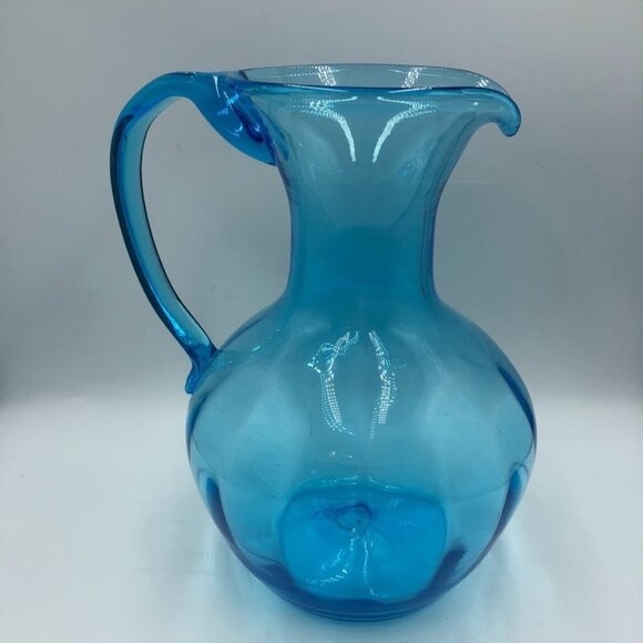 Blue Glass Pitcher Handblown Beverage Entertaining Drinkware Serveware - Picture 5 of 14